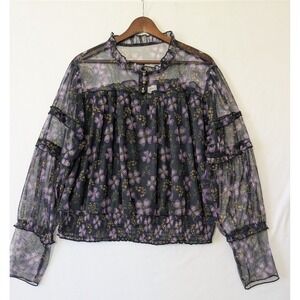 Calligraphie Whimsigoth Fairy XL Floral Mesh‎ Top Black Purple Long Sheer Sleeve
